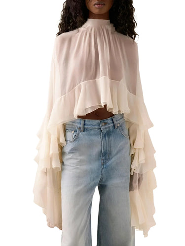 Women's Loose Sheer Blouse High Neck Long Sleeves Patchwork Ruffles Folds Elegant Blouse Female Clothing, Drestiny, Blouses, Dress Shirts, Casual Shirts, Long Sleeves, United States, USA, Canada, Australia, New Zealand, United Kingdom, UK, Beige, Pink, S, M, L, XL, 4, 6, 8, 10, 12, Sheer Blouse, Loose Fit Blouse, Flowy Sheer Shirt, Summer Sheer Top, Sheer Blouse UK, Long Sleeve Sheer Top, shopdrestiny.com